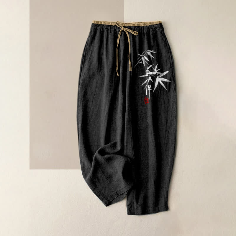 Buddha Stones Pantaloni da donna in puro cotone bianco con motivo bambù Zen, elastico in vita e tasche. - Nero - US16, UK/AU20, EU48 (3XL) - image 5