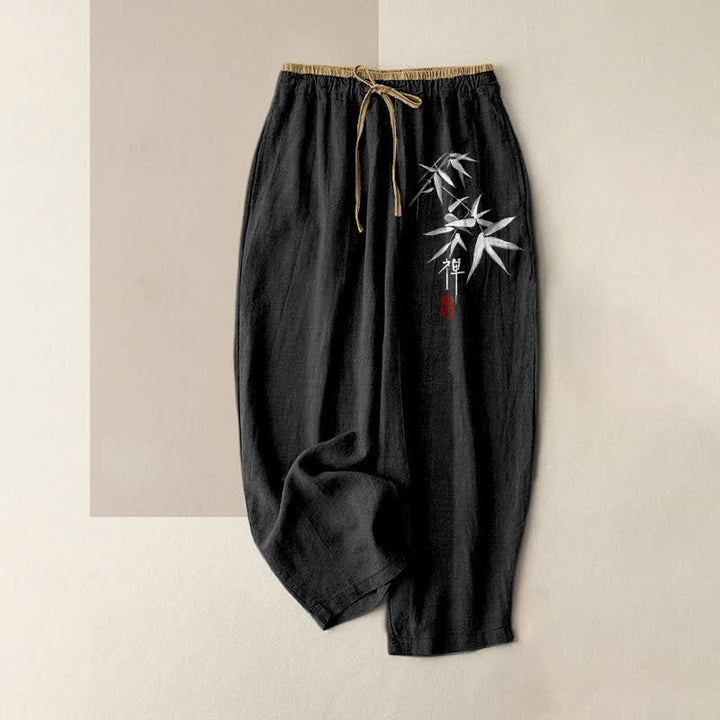 Buddha Stones Pantaloni da donna in puro cotone bianco con motivo bambù Zen, elastico in vita e tasche. - Nero - US16, UK/AU20, EU48 (3XL) - image 5