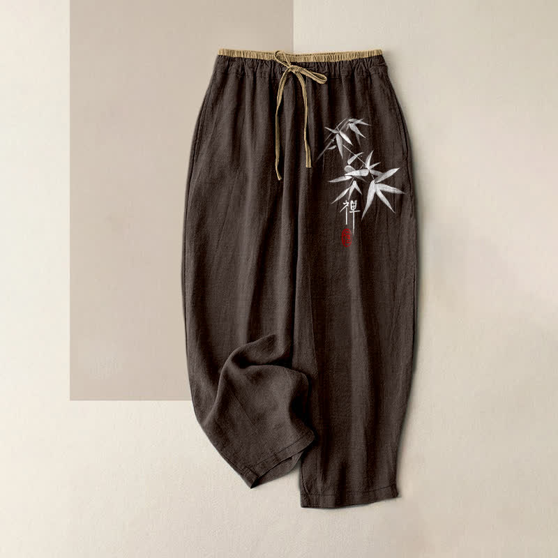 Buddha Stones Pantaloni da donna in puro cotone bianco con motivo bambù Zen, elastico in vita e tasche. - Marrone sella - US16, UK/AU20, EU48 (3XL) - image 6