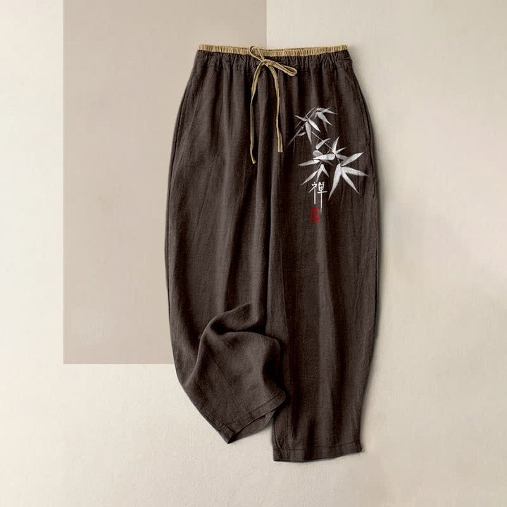 Buddha Stones Pantaloni da donna in puro cotone bianco con motivo bambù Zen, elastico in vita e tasche. - Marrone sella - US16, UK/AU20, EU48 (3XL) - image 6