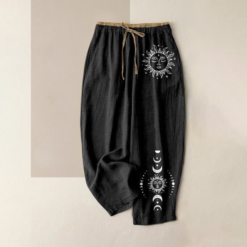 Buddha Stones Pantaloni da donna in puro cotone con elastico in vita e tasche, fantasia celeste sole, luna e stelle. - Nero - US16, UK/AU20, EU48 (3XL) - image 0