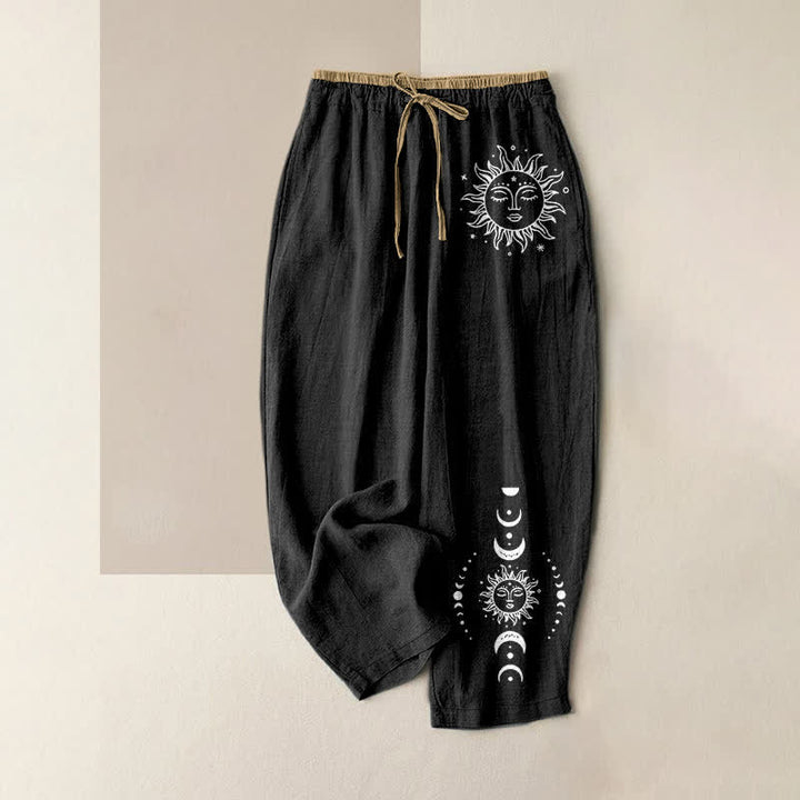 Buddha Stones Pantaloni da donna in puro cotone con elastico in vita e tasche, fantasia celeste sole, luna e stelle. - Nero - US16, UK/AU20, EU48 (3XL) - image 0