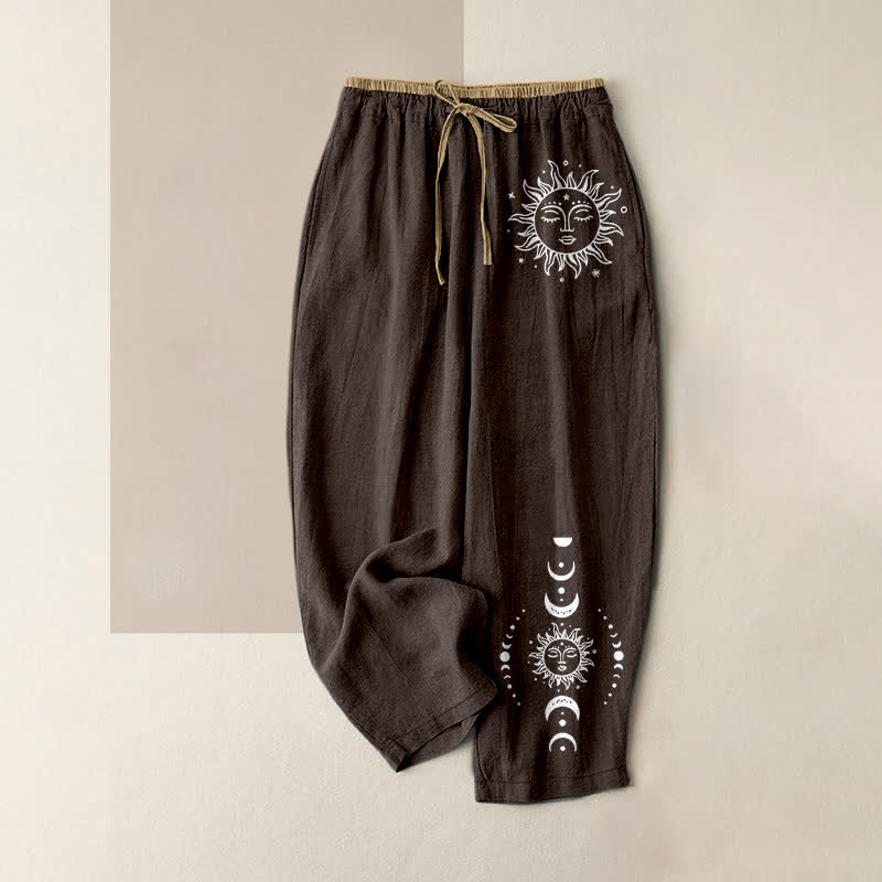 Buddha Stones Pantaloni da donna in puro cotone con elastico in vita e tasche, fantasia celeste sole, luna e stelle. - Marrone sella - US16, UK/AU20, EU48 (3XL) - image 6