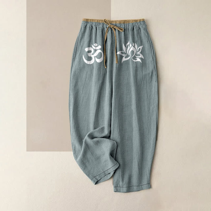 Buddha Stones Pantaloni da donna in puro cotone bianco con motivo OM e loto, elastico in vita e tasche. - Cadetto Blu - US16, UK/AU20, EU48 (3XL) - image 4