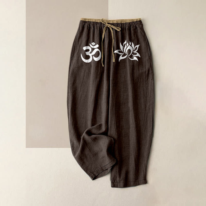 Buddha Stones Pantaloni da donna in puro cotone bianco con motivo OM e loto, elastico in vita e tasche. - Marrone sella - US16, UK/AU20, EU48 (3XL) - image 5