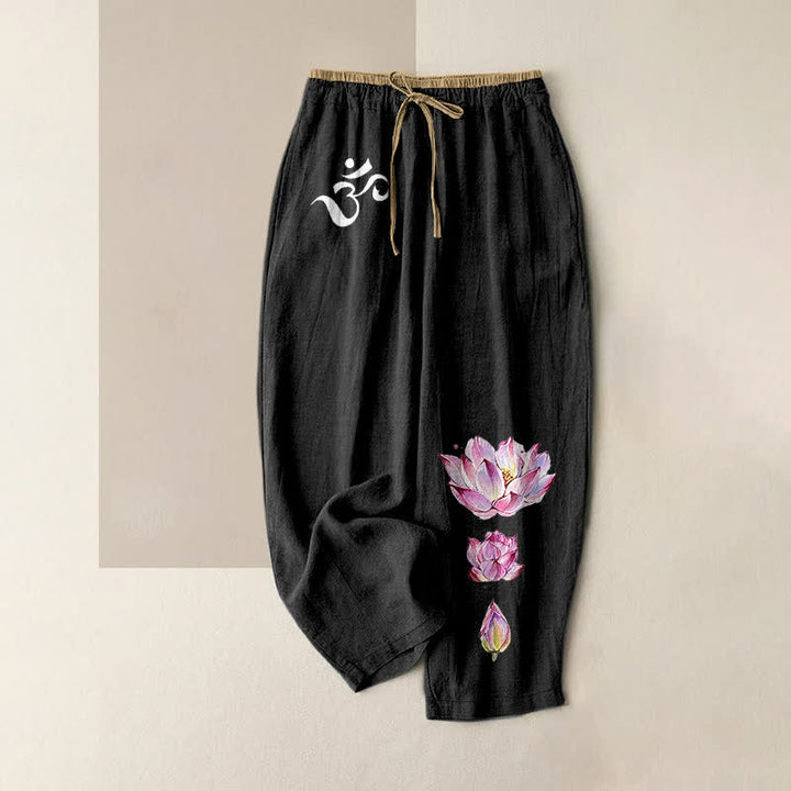 Buddha Stones Pantaloni da donna in puro cotone con elastico in vita e tasche, fantasia OM Pink Lotus. - Nero - US16, UK/AU20, EU48 (3XL) - image 0
