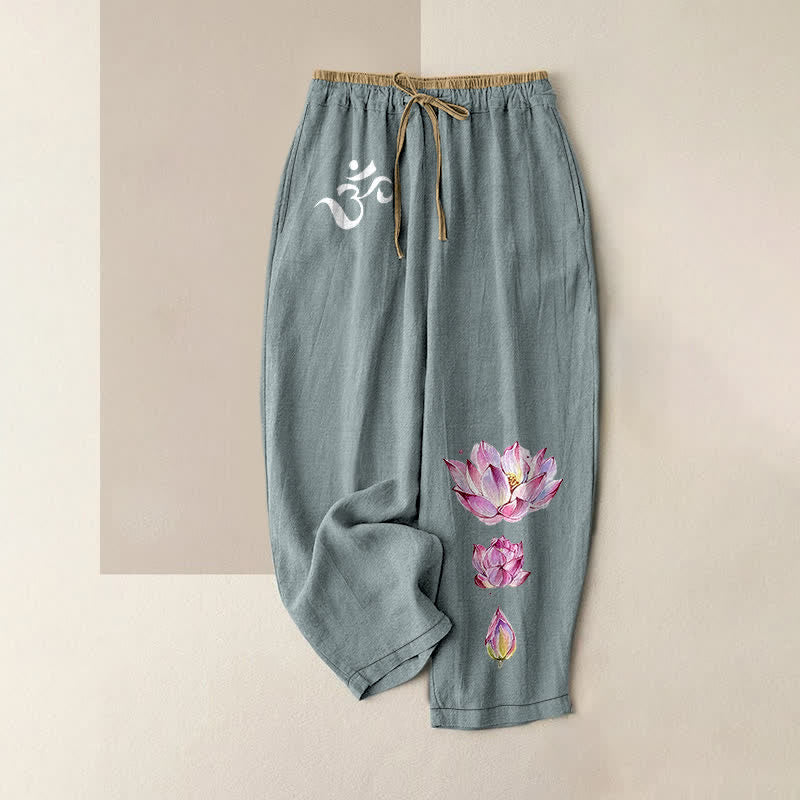 Buddha Stones Pantaloni da donna in puro cotone con elastico in vita e tasche, fantasia OM Pink Lotus. - Cadetto Blu - US16, UK/AU20, EU48 (3XL) - image 4