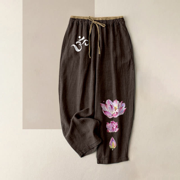 Buddha Stones Pantaloni da donna in puro cotone con elastico in vita e tasche, fantasia OM Pink Lotus. - Marrone sella - US16, UK/AU20, EU48 (3XL) - image 5