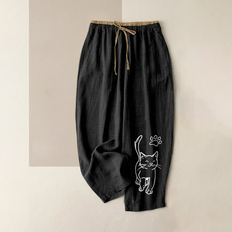 Buddha Stones Pantaloni da donna in puro cotone con elastico in vita e tasche, con fantasia di gatti fantasiosi. - Nero - US16, UK/AU20, EU48 (3XL) - image 0