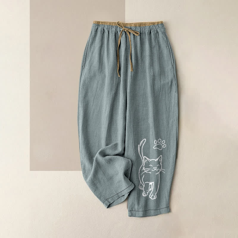 Buddha Stones Pantaloni da donna in puro cotone con elastico in vita e tasche, con fantasia di gatti fantasiosi. - Cadetto Blu - US16, UK/AU20, EU48 (3XL) - image 4