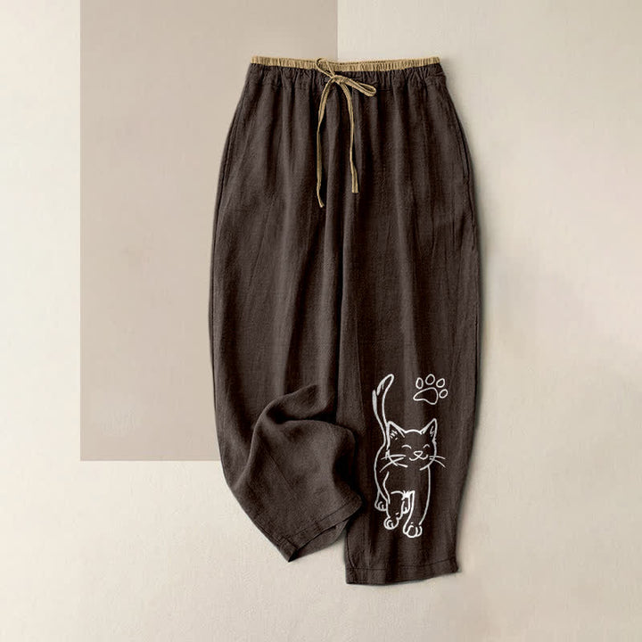 Buddha Stones Pantaloni da donna in puro cotone con elastico in vita e tasche, con fantasia di gatti fantasiosi. - Marrone sella - US16, UK/AU20, EU48 (3XL) - image 5