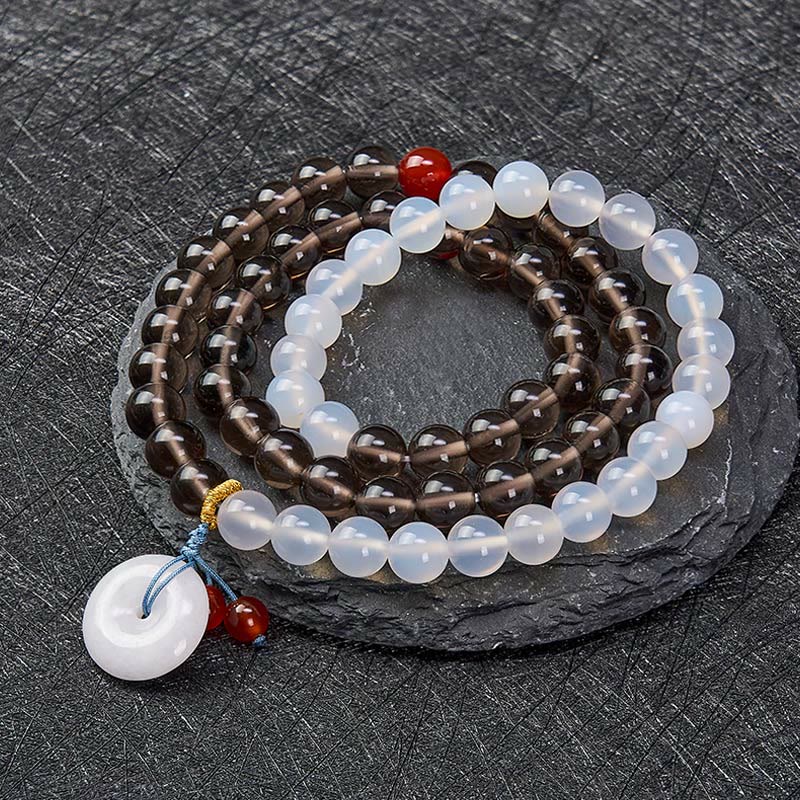 Buddha Stones Bracciale Serenity con fibbia Peace in ossidiana ghiaccio e calcedonio bianco, modello multi-avvolgimento. - image 1