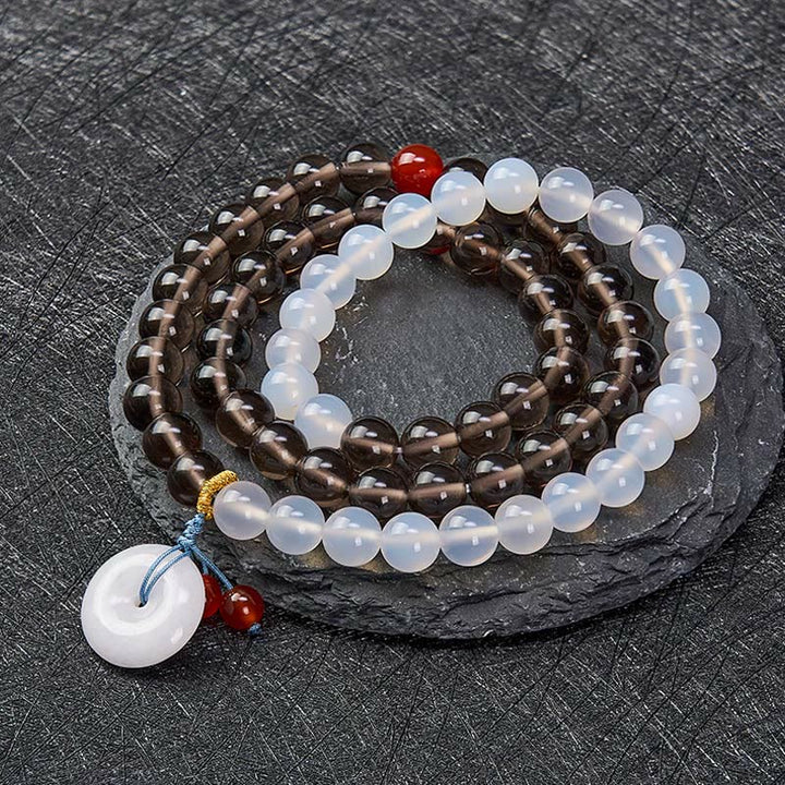 Buddha Stones Bracciale Serenity con fibbia Peace in ossidiana ghiaccio e calcedonio bianco, modello multi-avvolgimento. - image 1