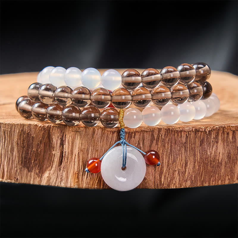 Buddha Stones Bracciale Serenity con fibbia Peace in ossidiana ghiaccio e calcedonio bianco, modello multi-avvolgimento. - Ossidiana di ghiaccio (purificante ♥ positiva) - 8 mm - image 0