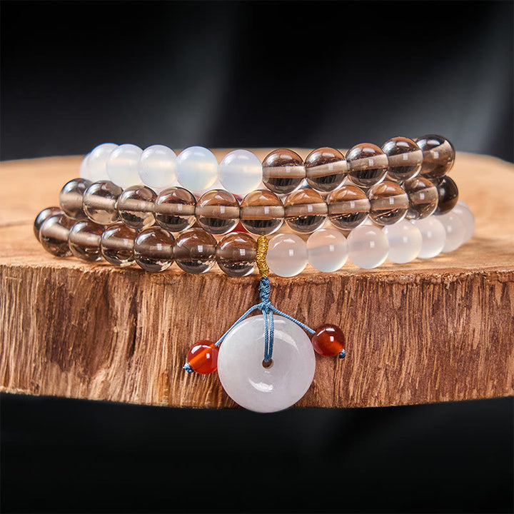 Buddha Stones Bracciale Serenity con fibbia Peace in ossidiana ghiaccio e calcedonio bianco, modello multi-avvolgimento. - Ossidiana di ghiaccio (purificante ♥ positiva) - 8 mm - image 0