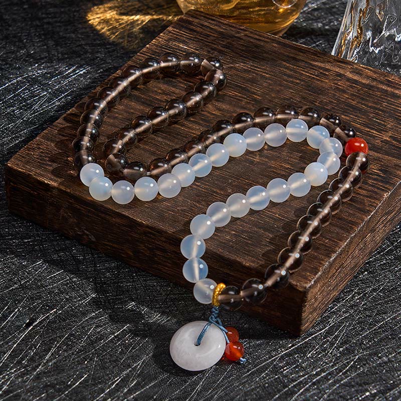 Buddha Stones Bracciale Serenity con fibbia Peace in ossidiana ghiaccio e calcedonio bianco, modello multi-avvolgimento. - image 3
