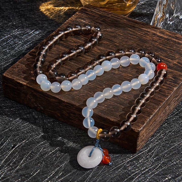 Buddha Stones Bracciale Serenity con fibbia Peace in ossidiana ghiaccio e calcedonio bianco, modello multi-avvolgimento. - image 3