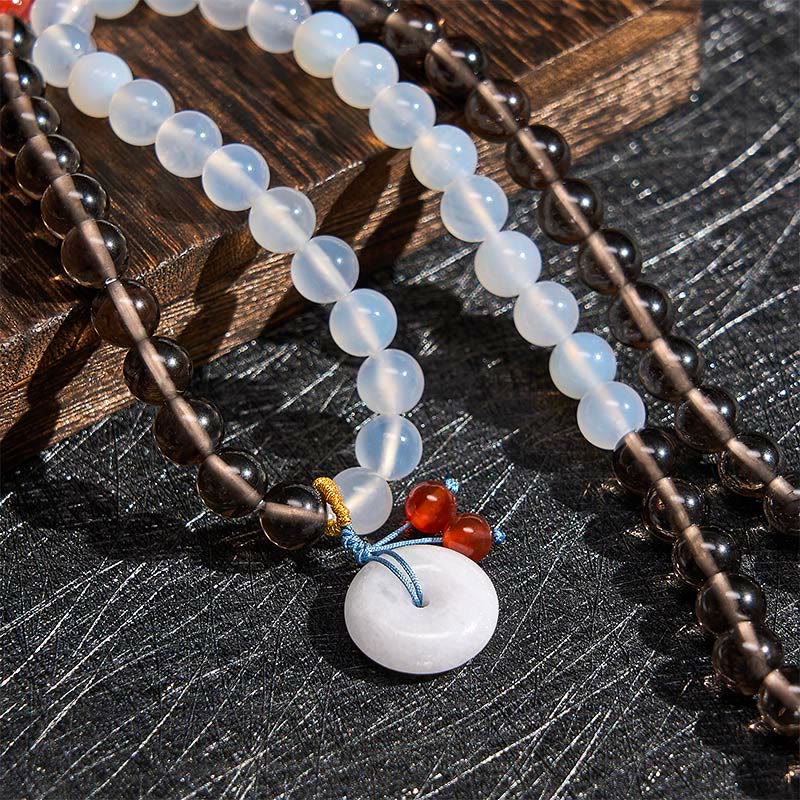 Buddha Stones Bracciale Serenity con fibbia Peace in ossidiana ghiaccio e calcedonio bianco, modello multi-avvolgimento. - image 4