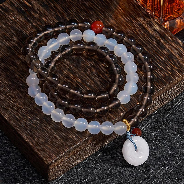Buddha Stones Bracciale Serenity con fibbia Peace in ossidiana ghiaccio e calcedonio bianco, modello multi-avvolgimento. - image 2