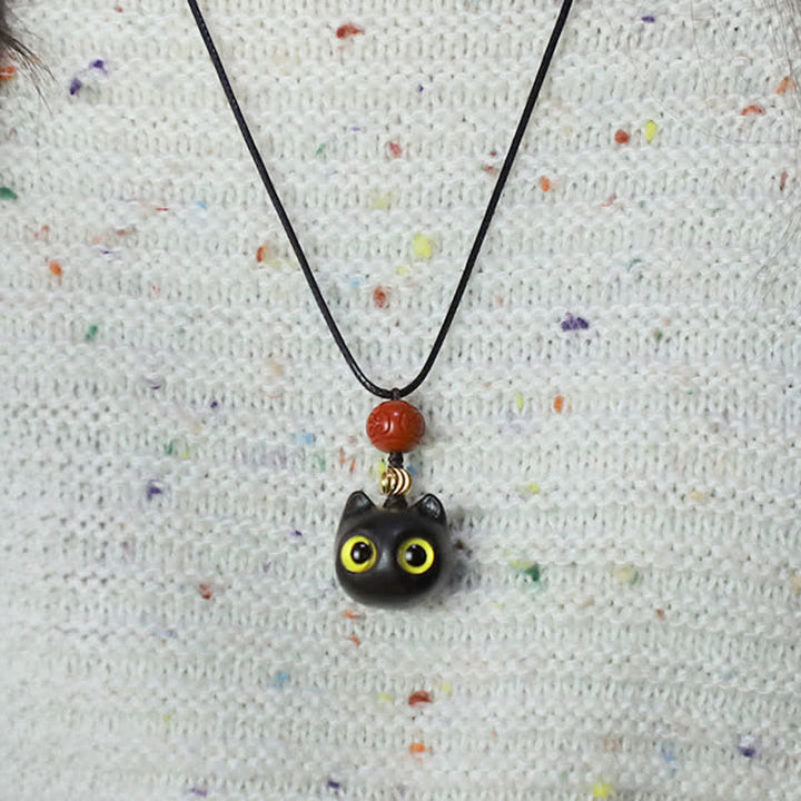 Buddha Stones Collana regolabile con gatto portafortuna in legno di ebano e sandalo rosso. - image 11