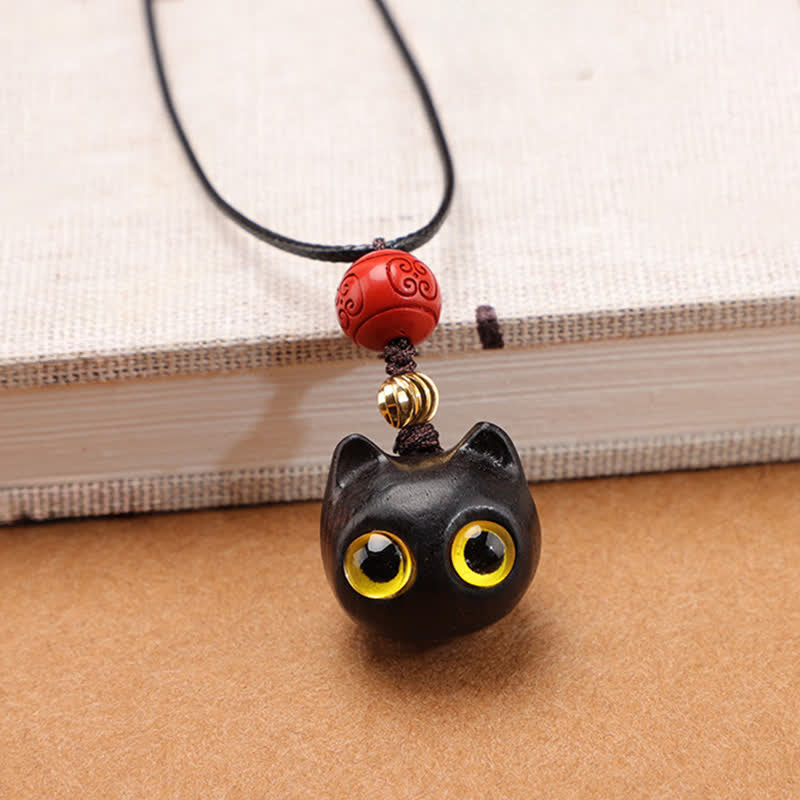 Buddha Stones Collana regolabile con gatto portafortuna in legno di ebano e sandalo rosso. - Piccolo legno d'ebano - image 8