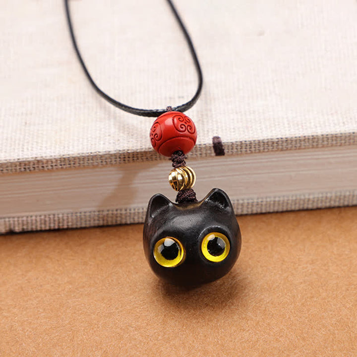 Buddha Stones Collana regolabile con gatto portafortuna in legno di ebano e sandalo rosso. - Piccolo legno d'ebano - image 8
