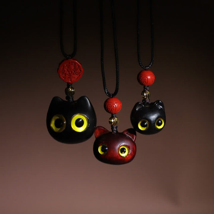 Buddha Stones Collana regolabile con gatto portafortuna in legno di ebano e sandalo rosso. - image 19