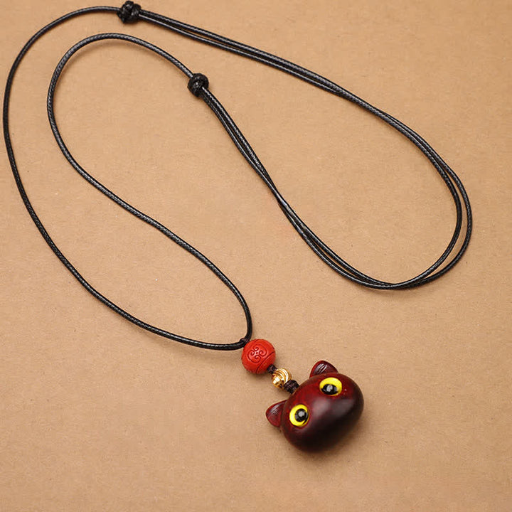 Buddha Stones Collana regolabile con gatto portafortuna in legno di ebano e sandalo rosso. - image 13