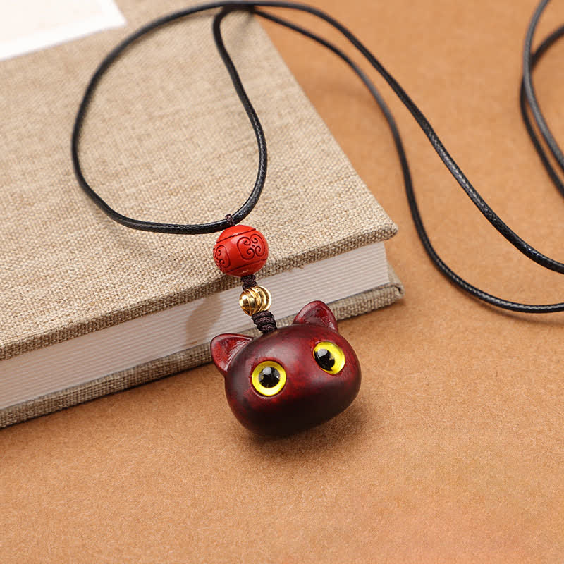 Buddha Stones Collana regolabile con gatto portafortuna in legno di ebano e sandalo rosso. - Sandalo rosso - image 12