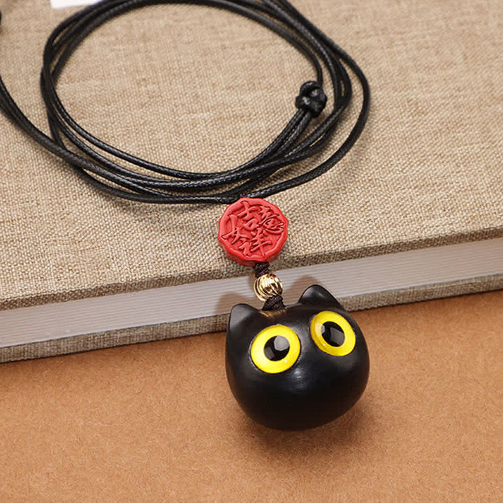 Buddha Stones Collana regolabile con gatto portafortuna in legno di ebano e sandalo rosso. - image 4