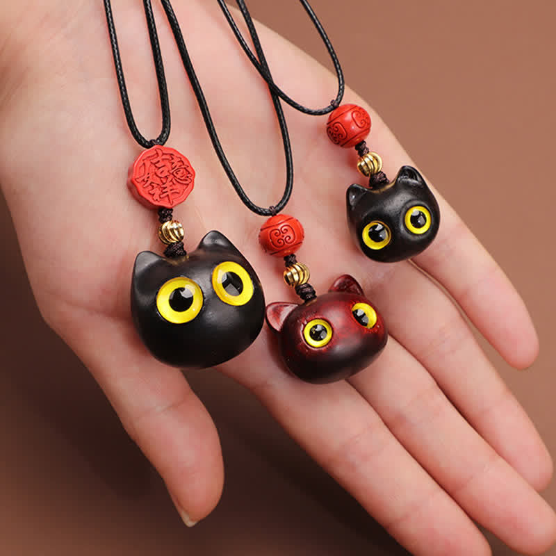 Buddha Stones Collana regolabile con gatto portafortuna in legno di ebano e sandalo rosso. - image 18
