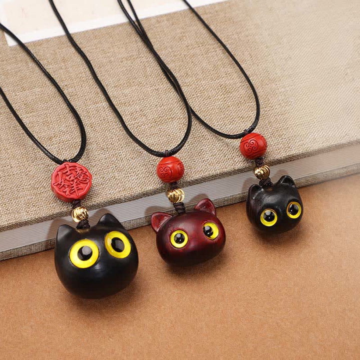 Buddha Stones Collana regolabile con gatto portafortuna in legno di ebano e sandalo rosso. - image 21