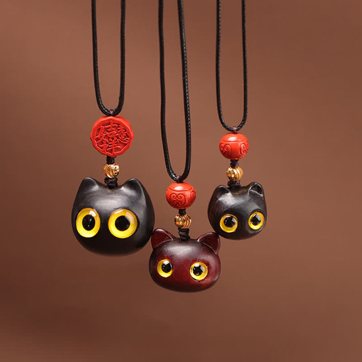 Buddha Stones Collana regolabile con gatto portafortuna in legno di ebano e sandalo rosso. - image 17