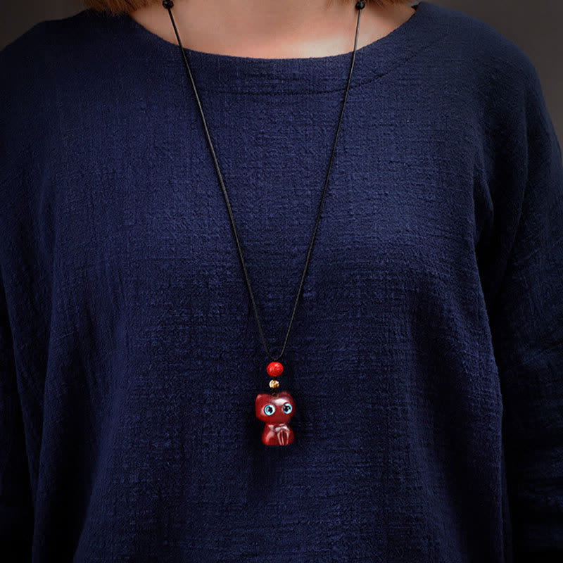 Buddha Stones Collana con ciondolo a forma di gatto carino in legno di ebano e sandalo rosso - image 10