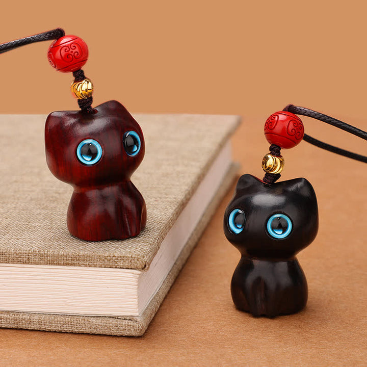 Buddha Stones Collana con ciondolo a forma di gatto carino in legno di ebano e sandalo rosso - image 12