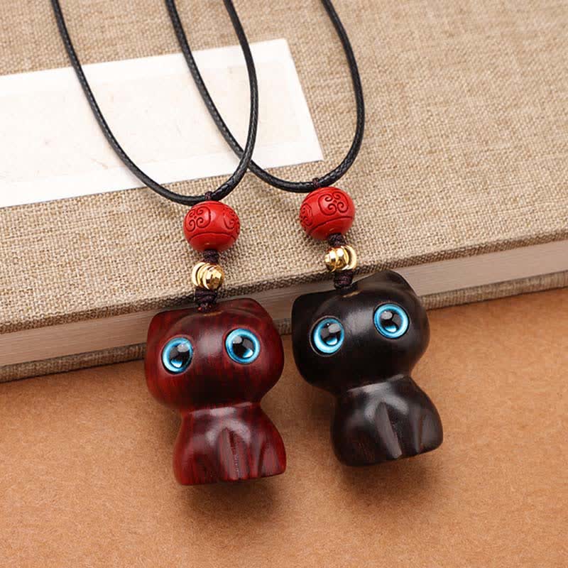 Buddha Stones Collana con ciondolo a forma di gatto carino in legno di ebano e sandalo rosso - image 13