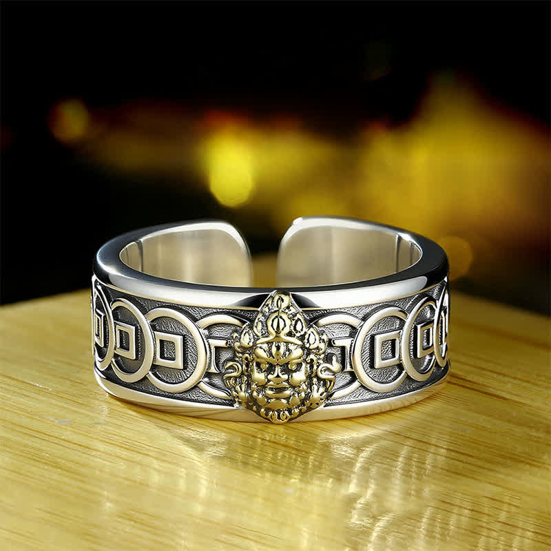 Buddha Stones Anello regolabile di protezione Jambhala tibetano placcato in rame con argento e giallo. - Rame (Guarigione ♥ Ricchezza) - image 0
