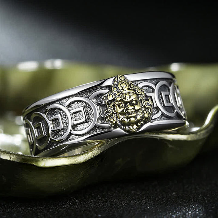Buddha Stones Anello regolabile di protezione Jambhala tibetano placcato in rame con argento e giallo. - image 4