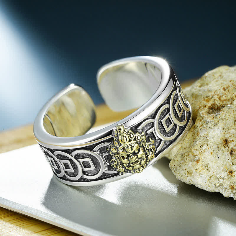 Buddha Stones Anello regolabile di protezione Jambhala tibetano placcato in rame con argento e giallo. - image 1