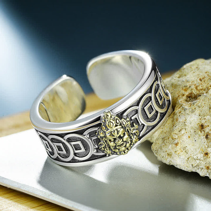 Buddha Stones Anello regolabile di protezione Jambhala tibetano placcato in rame con argento e giallo. - image 1