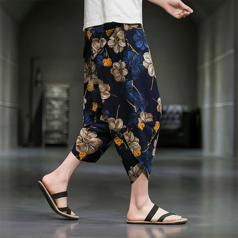 Buddha Stones Pantaloni Capri estivi casual boho con stampa floreale, modello affusolato da uomo con tasche. - image 5