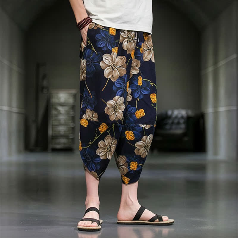 Buddha Stones Pantaloni Capri estivi casual boho con stampa floreale, modello affusolato da uomo con tasche. - image 3