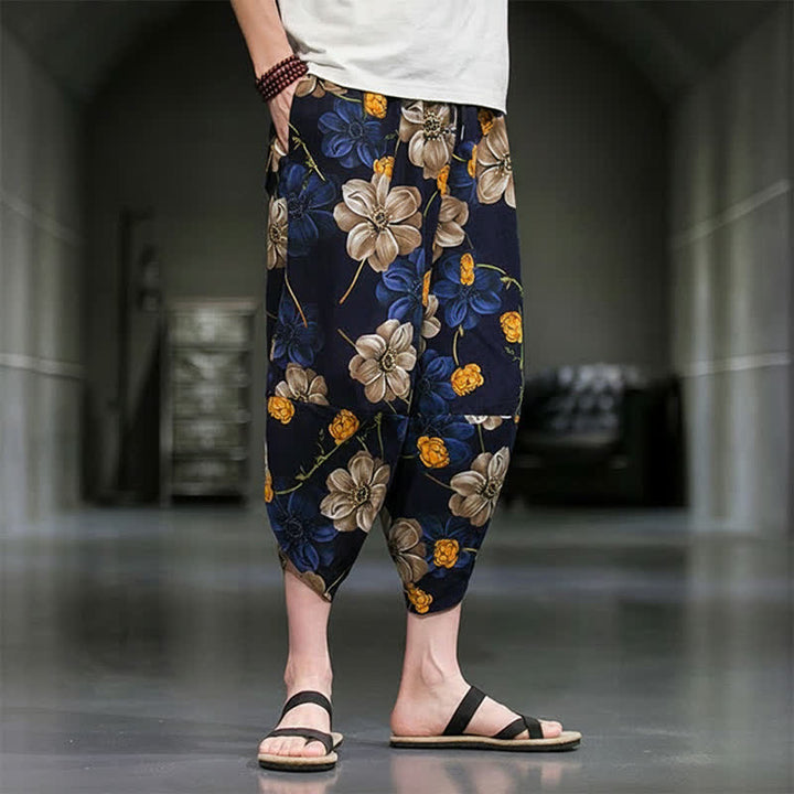 Buddha Stones Pantaloni Capri estivi casual boho con stampa floreale, modello affusolato da uomo con tasche. - image 3