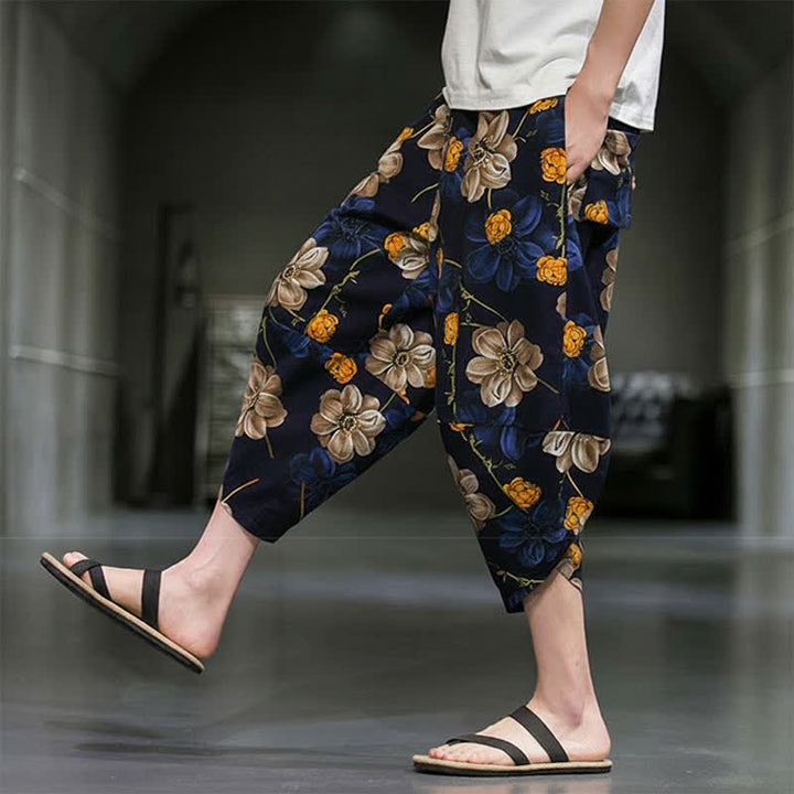 Buddha Stones Pantaloni Capri estivi casual boho con stampa floreale, modello affusolato da uomo con tasche. - image 8