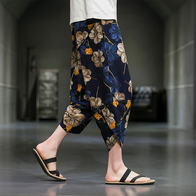 Buddha Stones Pantaloni Capri estivi casual boho con stampa floreale, modello affusolato da uomo con tasche. - image 7