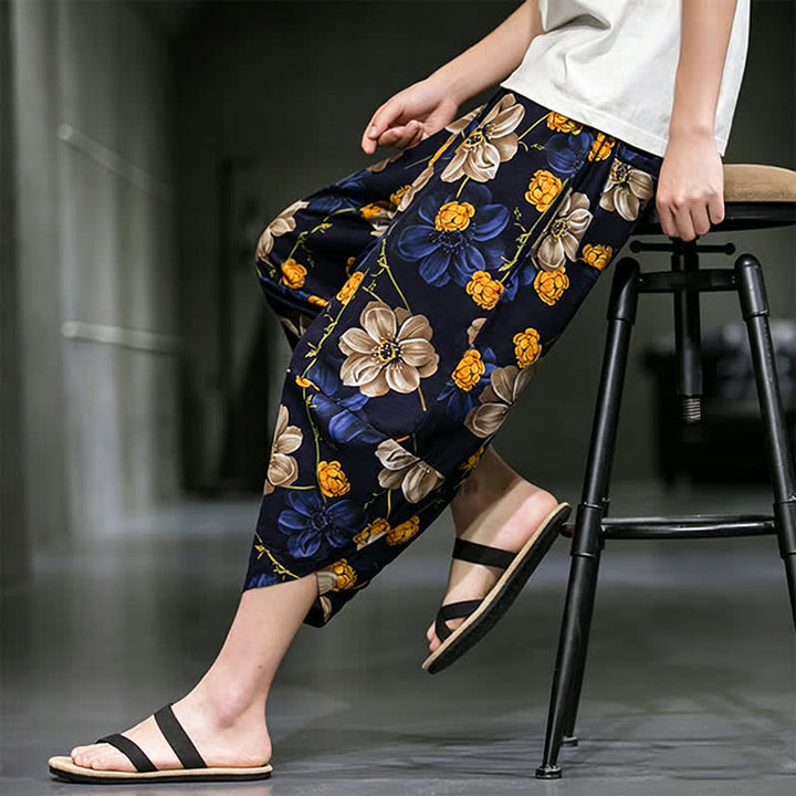 Buddha Stones Pantaloni Capri estivi casual boho con stampa floreale, modello affusolato da uomo con tasche. - image 10