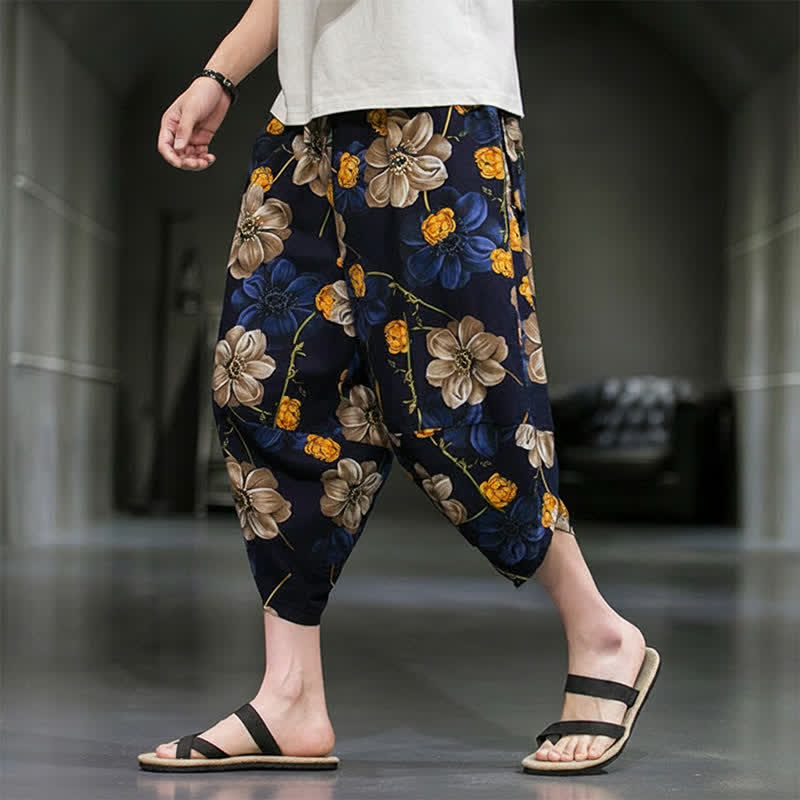 Buddha Stones Pantaloni Capri estivi casual boho con stampa floreale, modello affusolato da uomo con tasche. - image 2