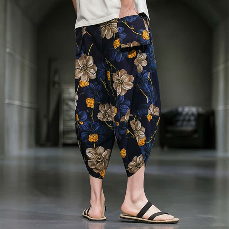 Buddha Stones Pantaloni Capri estivi casual boho con stampa floreale, modello affusolato da uomo con tasche. - image 4