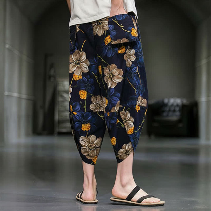 Buddha Stones Pantaloni Capri estivi casual boho con stampa floreale, modello affusolato da uomo con tasche. - image 4