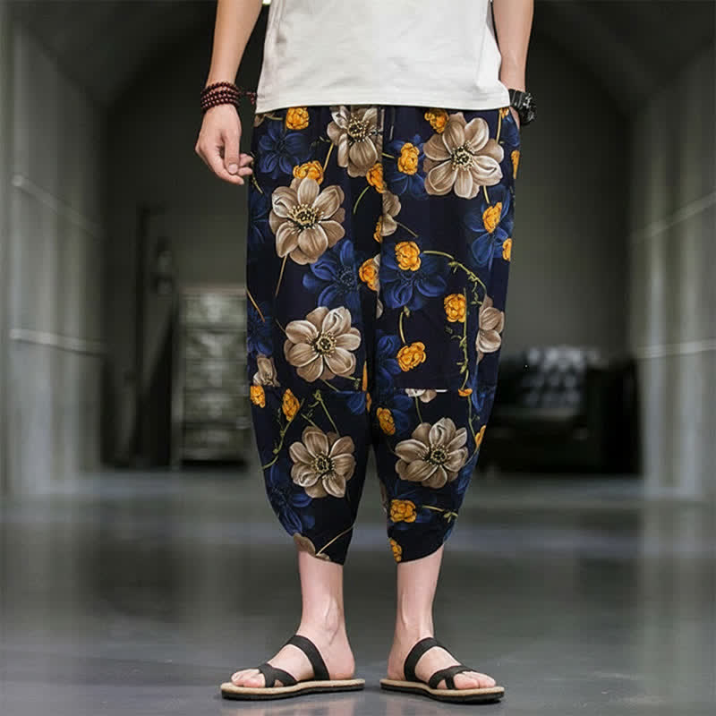 Buddha Stones Pantaloni Capri estivi casual boho con stampa floreale, modello affusolato da uomo con tasche. - image 1